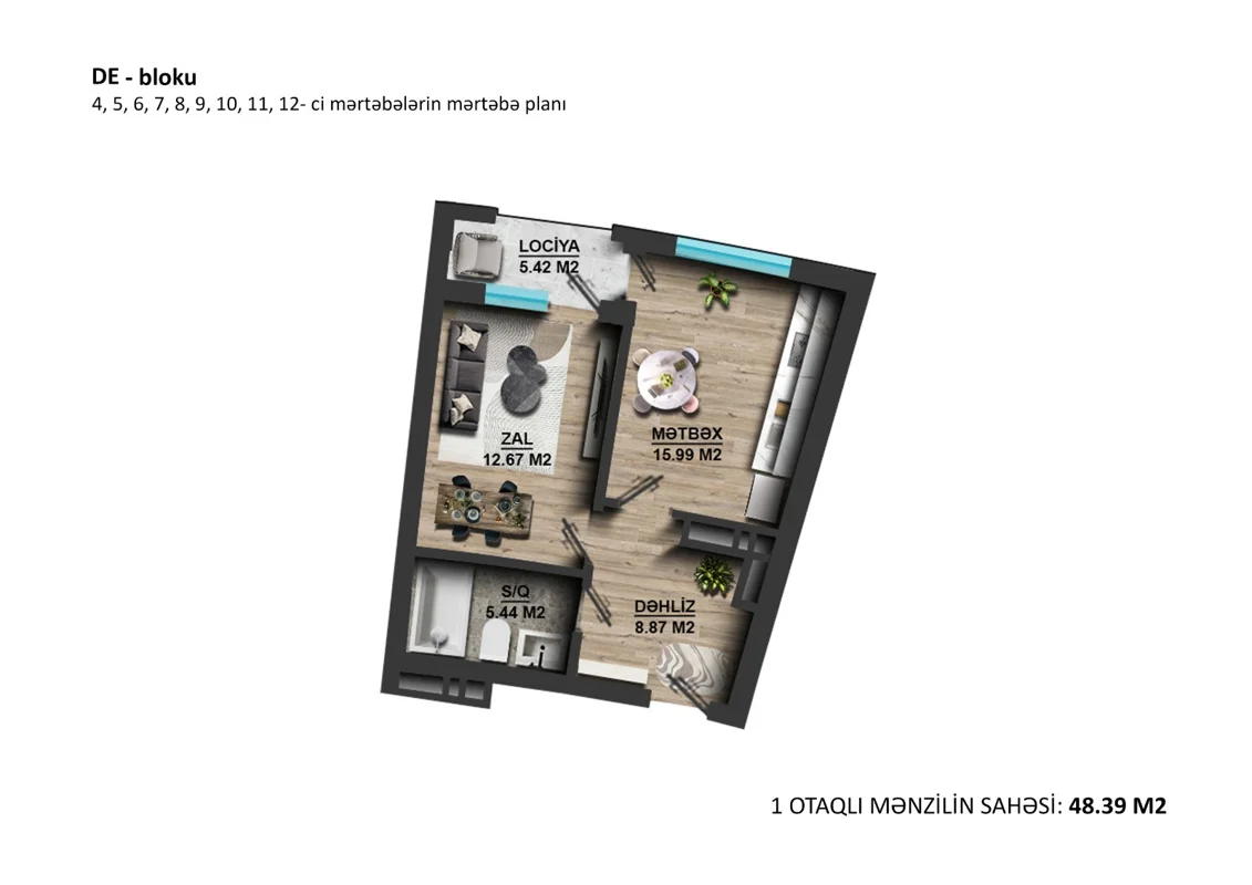 1 otaqlı mənzil, 48.4 m², Xırdalan, Bakı-Sumqayıt şossesi 17-ci km — Mənzil, Xırdalan (10)