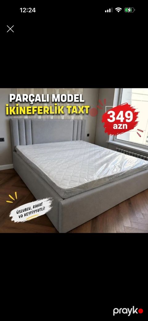İkinefərlik taxt – parçalı model - Rəng: Açıq boz, yumşaq parça üzlük — Bakı