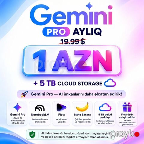 Gemini Pro – aylıq abunə - Qiymət: 1 AZN qeyd paket halında 18 ay — Bakı