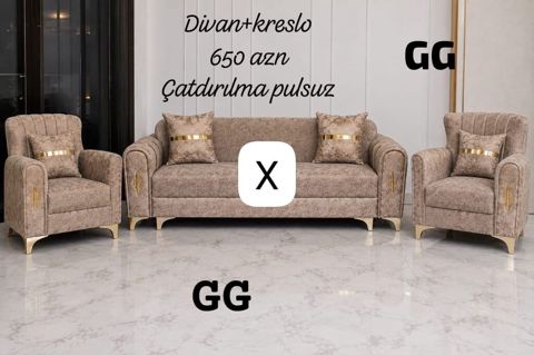 Dəst: Divan + 2 kreslo Rəng: bej/qəhvəyi tonlarda məxmər tipli parça — ucuz.mebel — Soft furniture sets