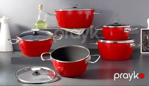 Qazan Bonera Academia Emaye 10 parça Qırmızı (Türkiyə istehsalı, İçi titanium, Super keyfiyyət, Qapağı şüşə, Ölçülər: 28sm, 24sm, 22sm, 20sm, 18sm) - TW-BN5004 — Bakı