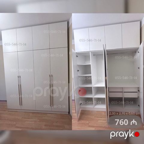 Ağ rəngli, çox bölməli qarderob şkafı. Ölçülər: 2,00 m (eni) x 2,70 m — Bakı