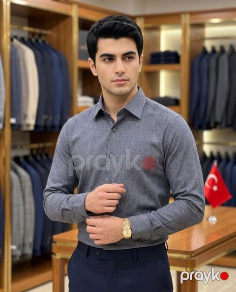 Kişilər üçün uzunqol köynək Türkoğlu VZYN089, boz, pambıq, ölçü L — Bakı