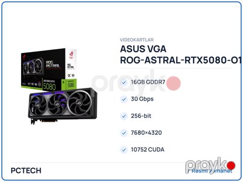 ASUS vga ROG-ASTRAL-RTX5080-O16G-GAMING / RTX 5080 / 16GB GDDR7 Black (90YV0LV0-M0NA00) — Bakı