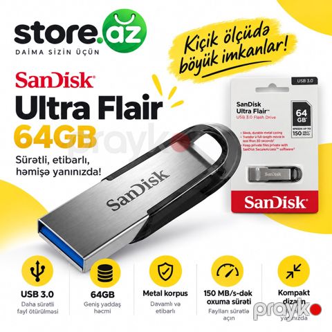SanDisk Ultra Flair 64GB USB 3.0 Flash Drive — Bakı