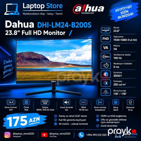 Dahua DHI-LM24-B200S — 23.8" Full HD Monitor Qiymət: 175 AZN — Bakı