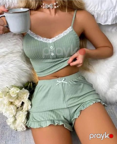 Şortlu pijama dəsti qadınlar üçün AS7, açıq yaşıl, pambıq/elastan, ölçü XL — Bakı