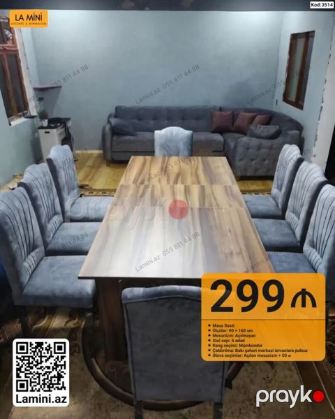 Masa Dəsti - Ölçülər: 90 160 sm - Mexanizm: Açılmayan - Stul sayı — Bakı