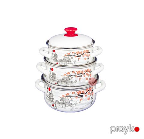 Qazan dəsti Керченская эмаль Sakura budağı-1, 3 ədəd, 1500/2000/3000 ml, polad, qapaq ilə, ağ/qara — Bakı