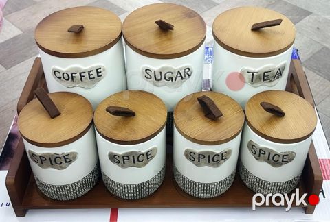 Qida məhsullarının və ədviyyatların saxlanılması üçün qab 10531, taxta/ keramika, 7 parça, 250/500 ml — Bakı