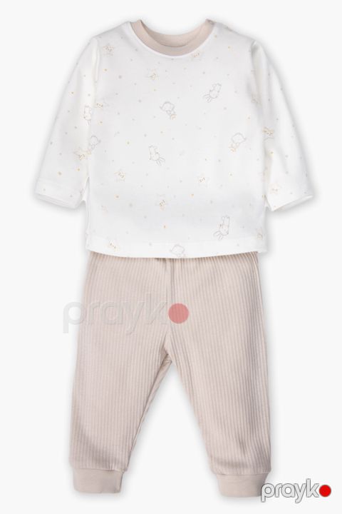 Şalvarlı pijama dəsti Bebetto F1527, bej, pambıq, ölçü 12-18 ay — Bakı