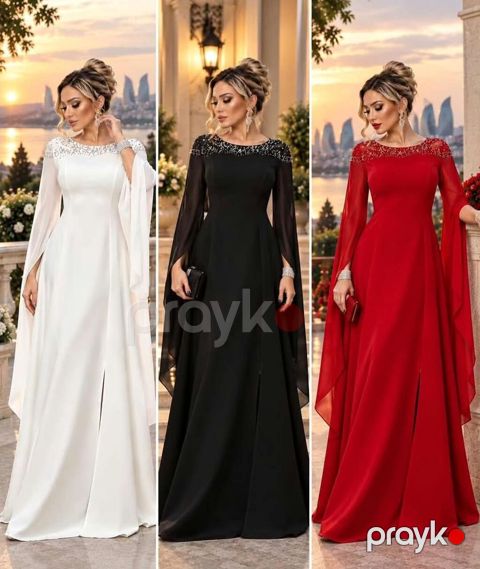 Zərif toy/libas modeli – qara rəngdə - Uzun, axıcı kəsim; ön hissədə — Digah