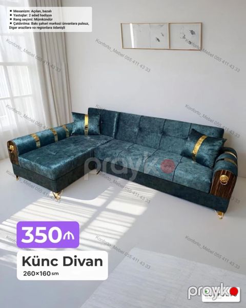 Künc Divan – 260×160 sm - Mexanizm: açılan, bazalı (yatan yer və — Bakı