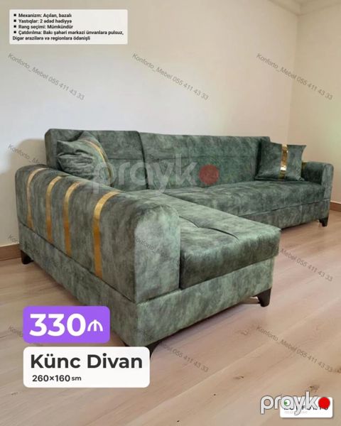 Künc divan – 260×160 sm Xüsusiyyətlər: - Mexanizm: açılan, bazalı — Bakı