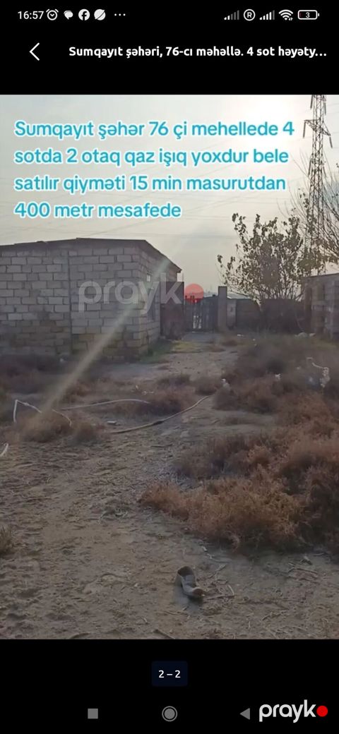 Sumqayıt şəhəri, 76-cı məhəllə. 4 sot həyətyanı sahədə 2 otaqlı