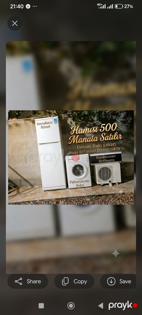 Məişət texnikası dəsti Tərkib: - Soyuducu: Stinol (iki kameralı, üst — Digah