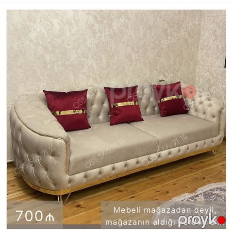 Müasir dizaynlı 3 nəfərlik divan - Rəng: açıq bej - Material: yumşaq — Bakı