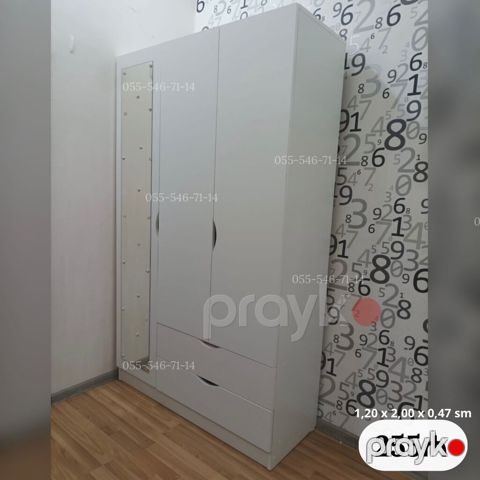 Ağ rəngli 3 qapılı paltar şkafı - Ölçü: 1,20 x 2,00 x 0,47 m - Düz — Bakı