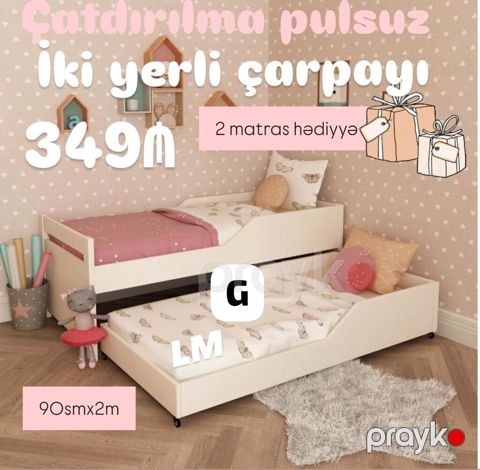 İki mərtəbəli/çıxarılan alt çarpayılı uşaq çarpayısı - Ölçü: 90 sm x 2 — Bakı