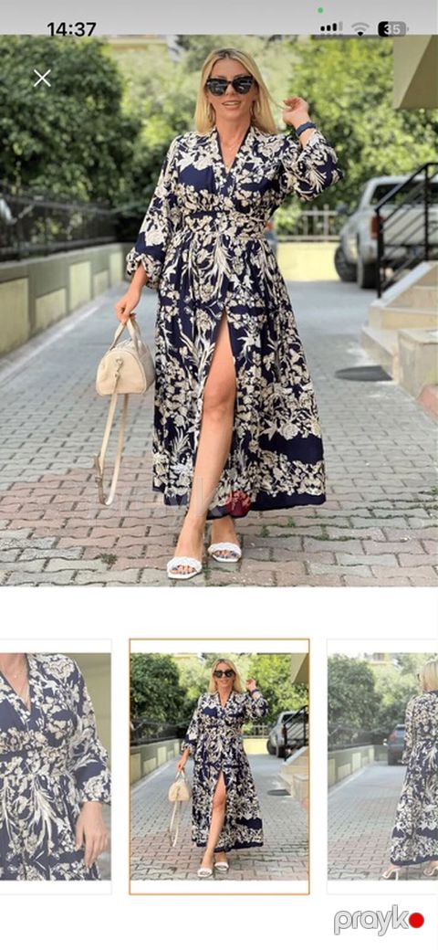 Mavi tünd rəng üzərində açıq rəngli bitki/floral naxışlı maxi don. Ön — Bakı