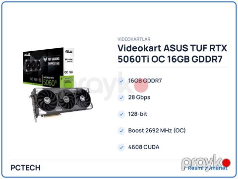 Videokart ASUS tuf RTX 5060Ti oc 16GB GDDR7 (90YV0MG0-M0NA00) — Bakı
