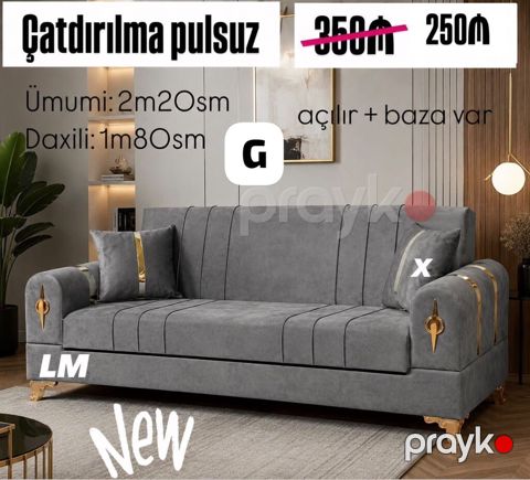 Boz rəngli, müasir dizaynlı açılan divan - Ölçülər: ümumi 2 m 20 sm — Bakı