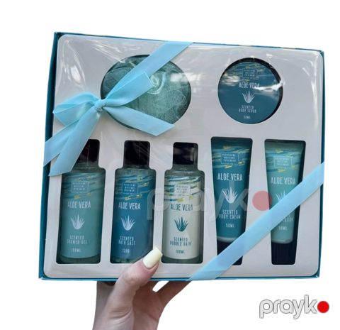 Bədən üçün kosmetika dəsti Aloe Vera (duş geli 100 ml + vanna üçün köpük 100 ml + vanna üçün duz 120 q + bədən üçün krem 50 ml + bədən üçün losyon 50 ml + bədən üçün skrab 50 ml + lif) — Bakı