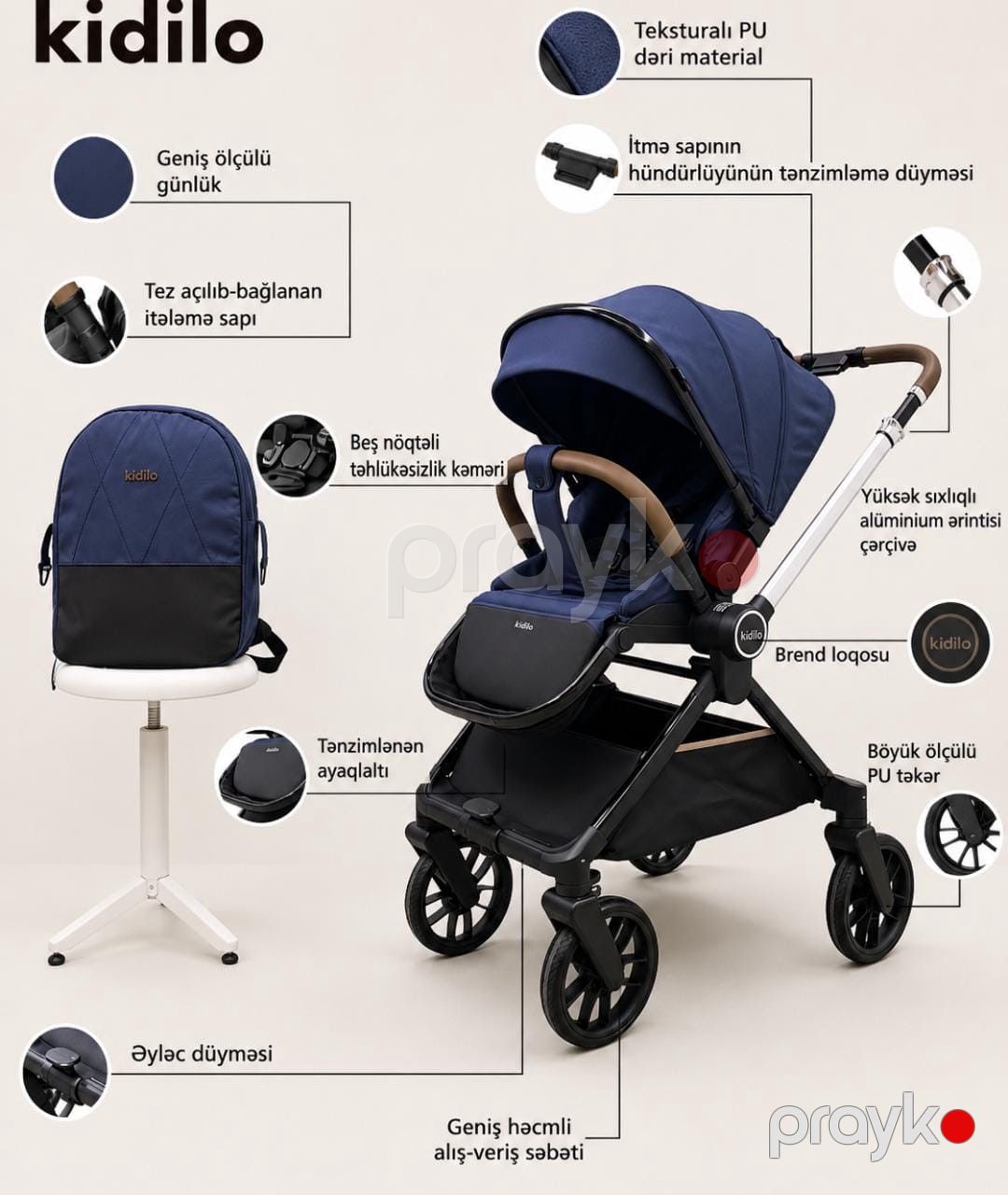 Uşaq arabası Kidilo ABC-D900, qara/göy — Mallar, Bakı (2)