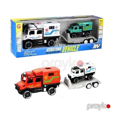 Təkərli oyuncaq Ambulans qoşqulu, dəst: 1 əsas maşın + 1 treylerdə mini maşın, qırmızı və ağ, yüksək keyfiyyətli plastik, xilasetmə və nəqliyyat rol oyunu, 3 yaşdan yuxarı - BR-147 — Bakı