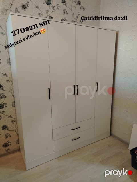 Ağ rəngli 4 qapılı paltar dolabı - Sadə və modern dizayn - Orta — Bakı