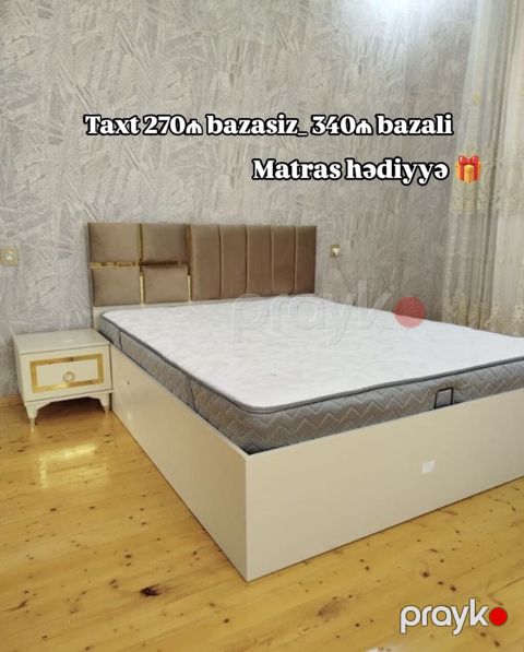 Mebel dəsti: yumşaq süngərlə işlənmiş, şaquli panelli başlıq və krem — Bakı