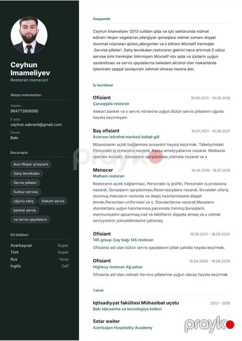 Administrator, 32 yaş, 5 ildən artıq təcrübə, Restoran — Bakı