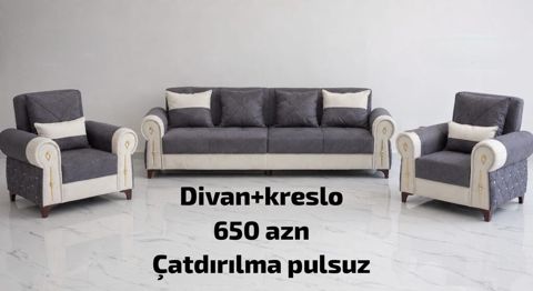 Divan və 2 kreslodan ibarət dəst - Rəng: tünd boz və krem — mebeldivansifarisle — Комплекты мягкой мебели