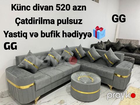 Klassik-modern tərzli künc divan dəsti. Riyazətli boz rəng, yumşaq — Bakı