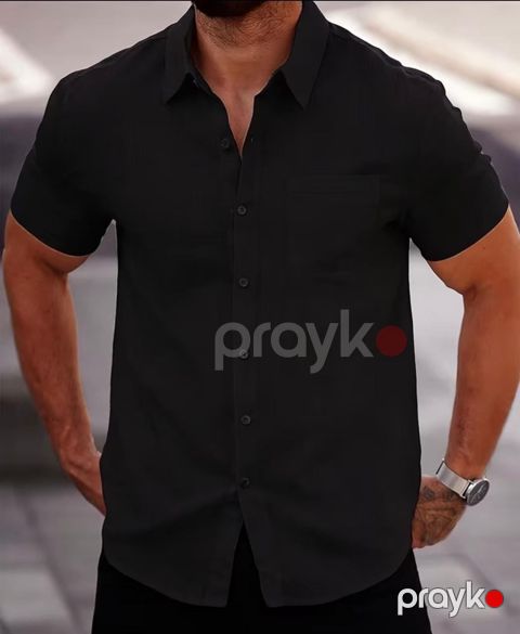 Kişilər üçün qısaqol köynək ML_3368, qara, pambıq, ölçü 43 — Bakı