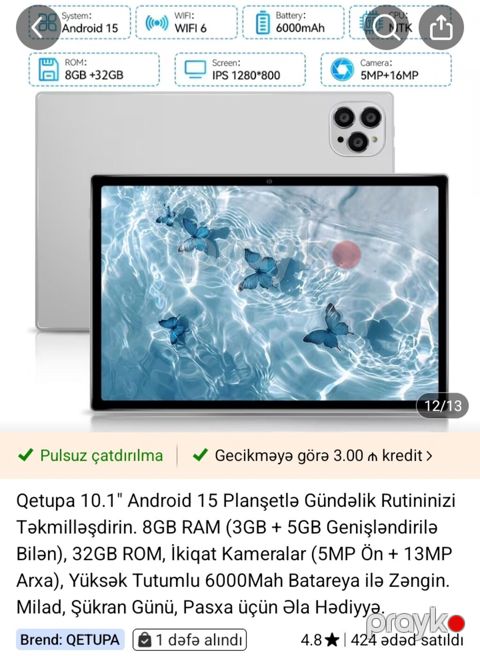 Qetupa 10.1" Android 15 planşet - Ekran: 10.1" IPS, 1280×800 qətnamə — Bakı