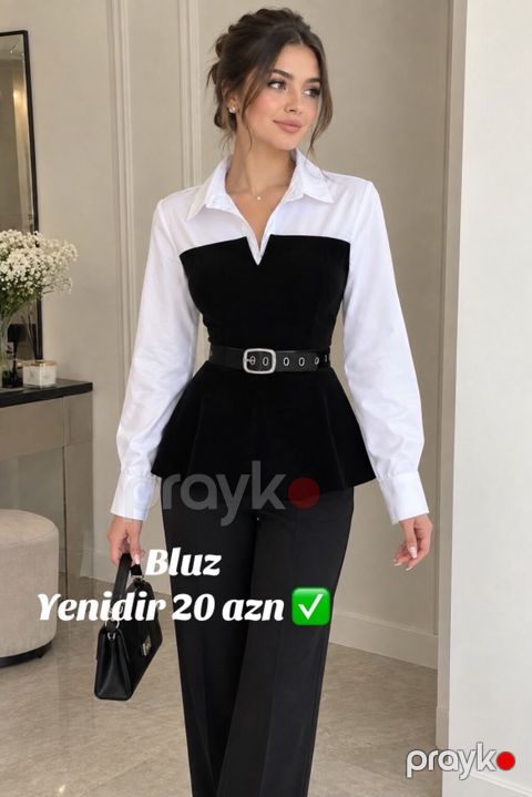 Qadın bluzu – qara-ağ kombin. - Dizayn: Ağ köynək yaxalıqlı, üst — Bakı