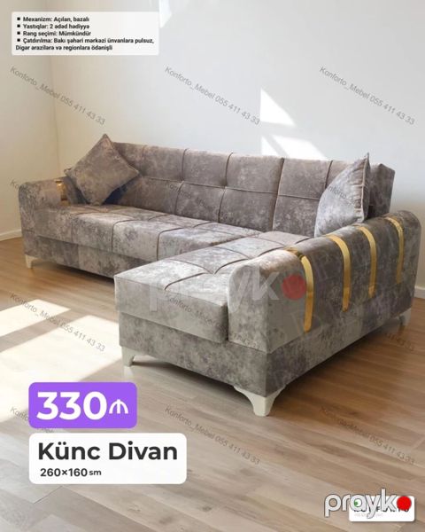 Künc divan – 260×160 sm - Mexanizm: açılan, bazalı - Yastıqlar: 2 — Bakı
