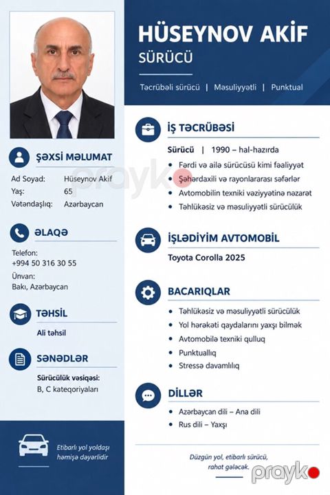 Şəxsi sürücü, 65 yaş, stajı 34 il, Şəxsi nəqliyyat vasitəsi ilə — Digah