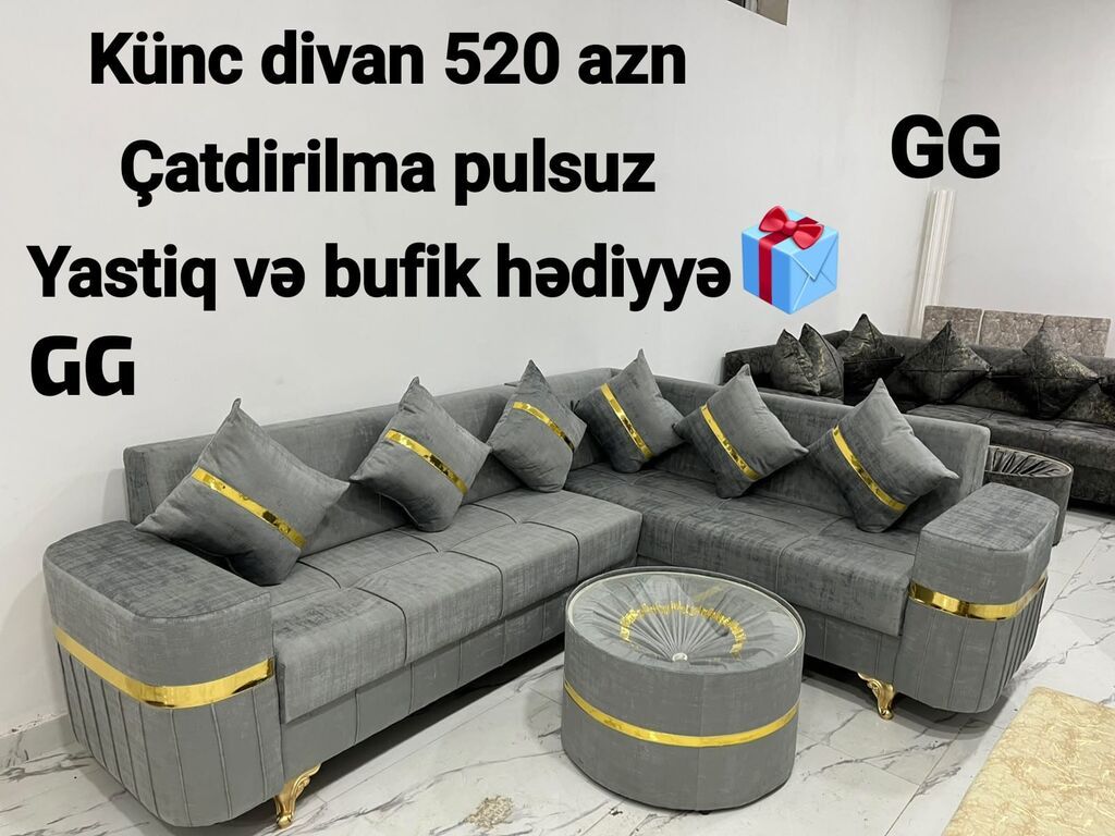 Künc divan dəsti – eleqant boz rəng, qızılı dekorativ zolaqlar və — Yumşaq mobilya dəstləri, Sumqayıt