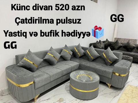 Künc divan dəsti – eleqant boz rəng, qızılı dekorativ zolaqlar və — Sumqayıt