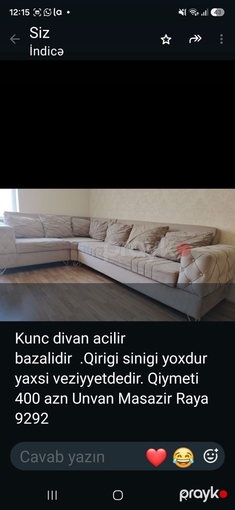 Künc divan – açılır, bazalı model. - Rəng: bej - Forması: L-şəkilli — Sumqayıt