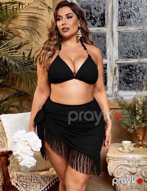 Qadınlar üçün ayrı çimərlik geyimi dəsti ML_3772, böyük bədən, polyester, qara, ölçü 3XL — Bakı