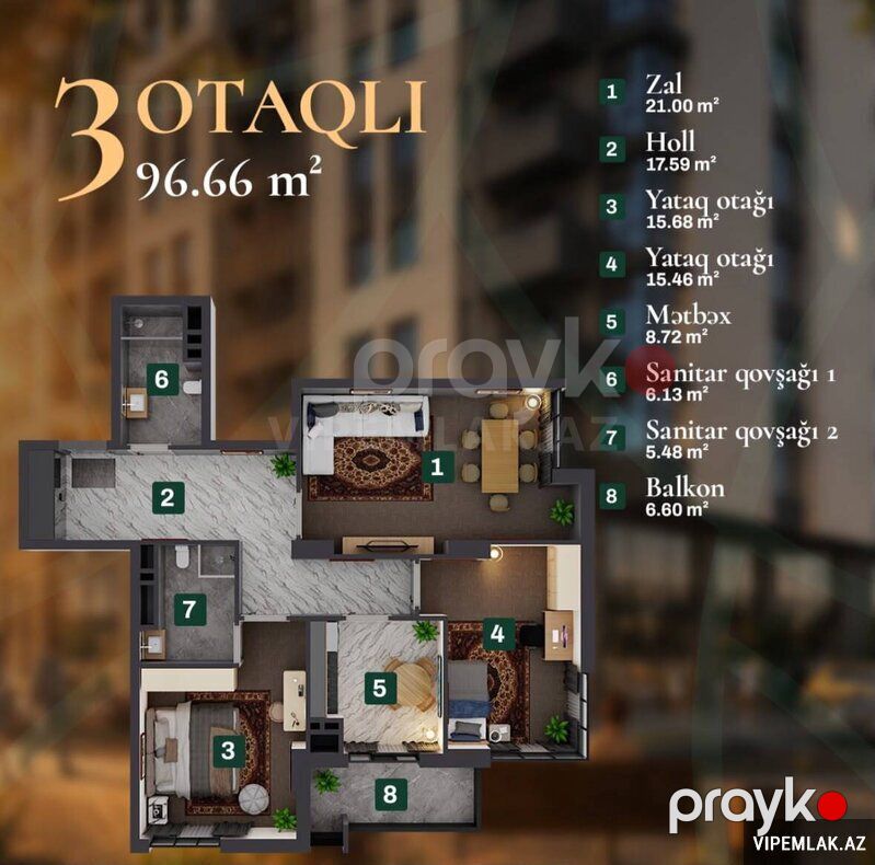 Binəqədi rayonunda 3 otaqlı Yeni tikili Satılır, 96 m² — Mənzil, Bakı (6)