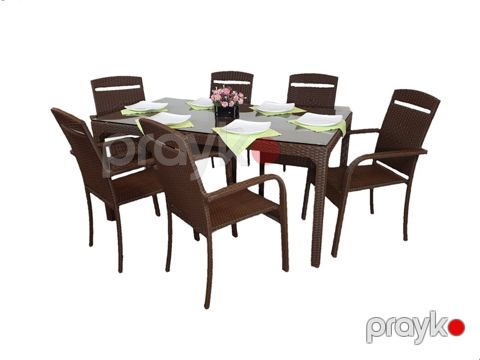 Bağ üçün mebel dəsti Zili Rattan Çin, 6 nəfərlik, qəhvəyi; masa ölçüsü: 90x160 sm, hündürlüyü 75 sm; stul ölçüsü: eni 54 sm, hündürlüyü 95 sm — Bakı