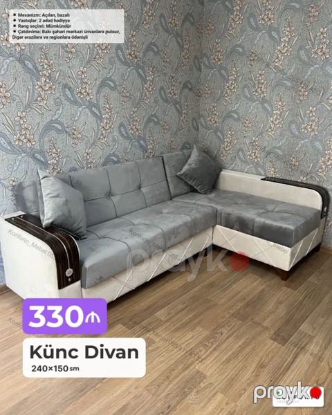 Künc divan – 240×150 sm - Açılan mexanizmli, bazalı - 2 ədəd hədiyyə — Bakı