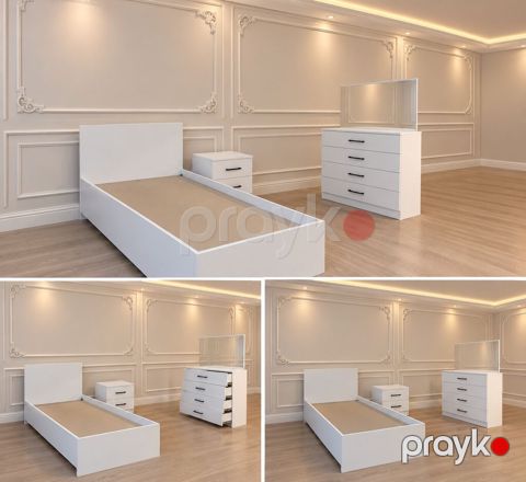 Ağ rəngli minimalist yataq otağı dəsti Tərkib: - Tək nəfərlik çarpayı — Bakı
