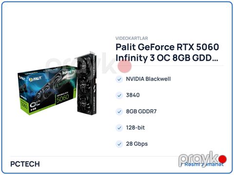 Palit vga RTX 5060 Infinity 3 oc / RTX 5060 / 8GB GDDR7 / HDMI, DP×3 / pcı-e / NE75060T19P1-GB2063S — Bakı
