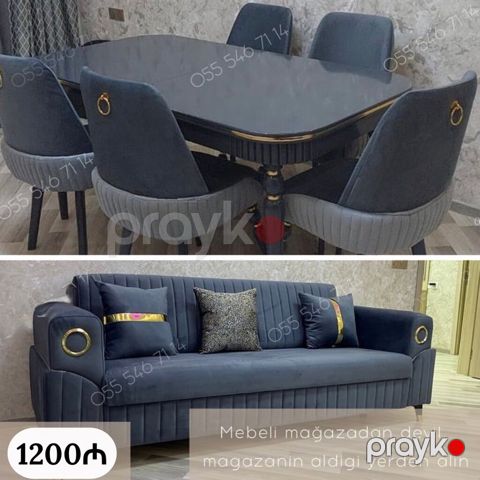 Modern qonaq otağı dəsti - Yemək masası + 6 ədəd kreslo: Tünd boz — Bakı