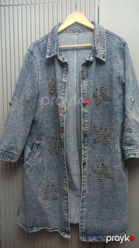 Uzun cins kurtka – qadın üçün - Material: klassik açıq-mavi denim — Mehdiabad